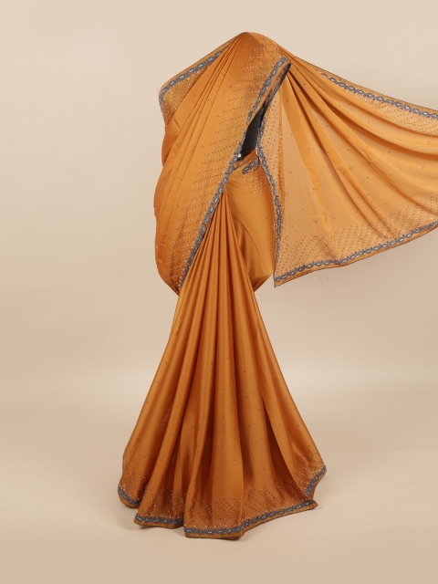 

Pothys Brown & Silver-Toned Ethnic Motifs Beads and Stones Pure Georgette Saree