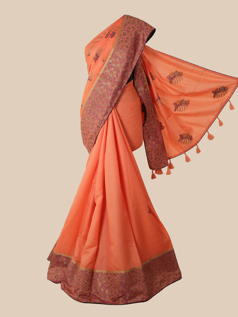 

Pothys Peach & Blue Floral Art Silk Saree