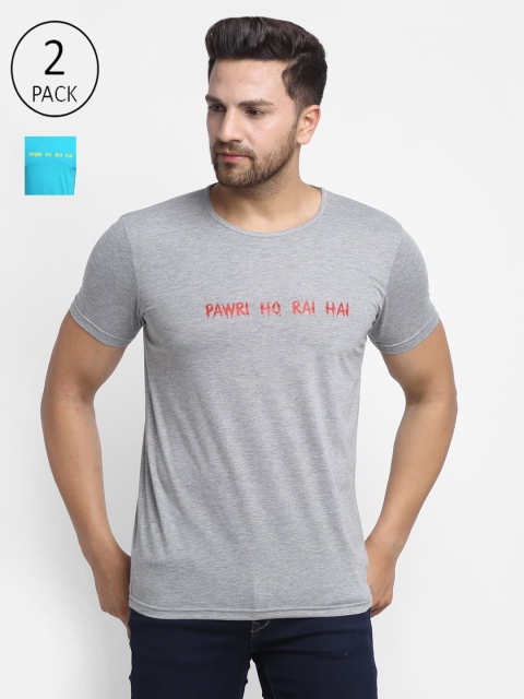 

VIMAL JONNEY Men Pack Of 2 Grey & Turquoise Blue Typography Printed T-shirts
