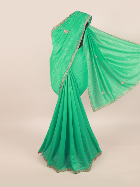 

Pothys Green & Gold-Toned Embellished Beads and Stones Pure Georgette Saree