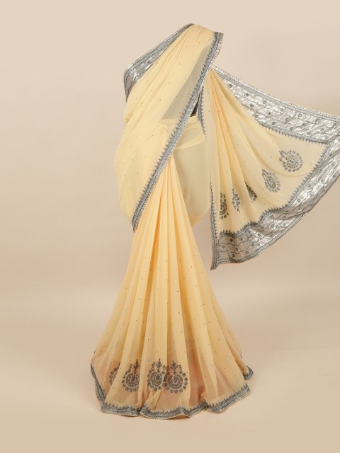 

Pothys Cream & Silver-Toned Beads and Stones Pure Georgette Saree