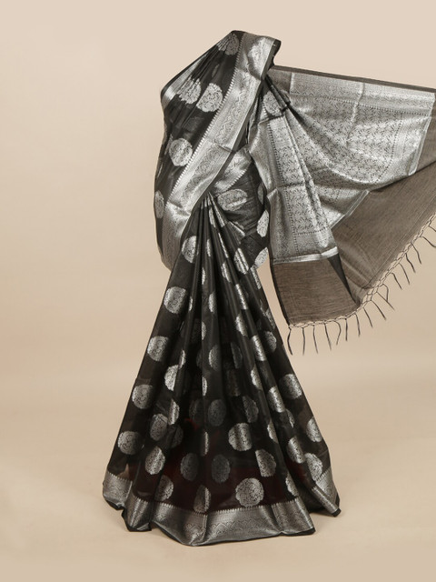 

Pothys Black & Silver-Toned Ethnic Motifs Zari Linen Blend Saree