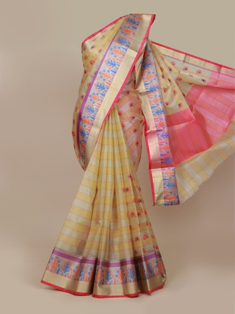 

Pothys Cream-Coloured & Blue Floral Art Silk Banarasi Saree