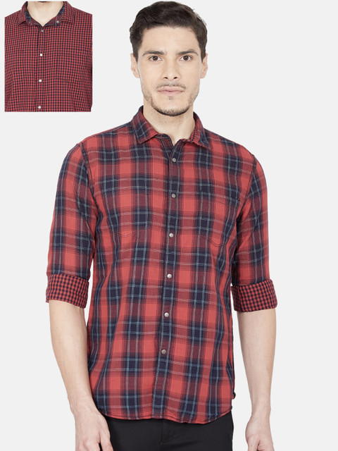 

Oxemberg Men Red Slim Fit Tartan Checks Reversible Cotton Checked Casual Shirt