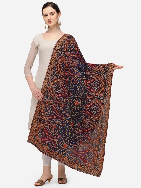 

VASTRANAND Navy Blue & Orange Ethnic Motifs Embroidered Dupatta with Thread Work