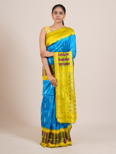 

Pothys Blue & Yellow Pure Silk Kanjeevaram Saree