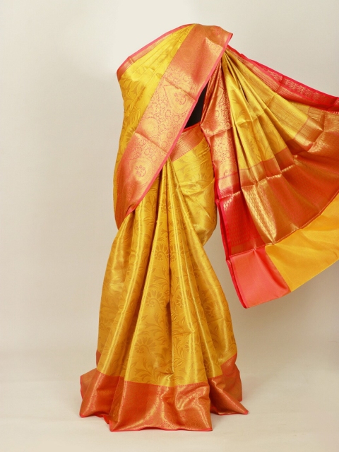 

Pothys Mustard & Peach-Coloured Ethnic Motifs Zari Art Silk Banarasi Saree