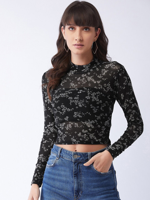 

MAGRE Black & Off White Floral Net Regular Crop Top