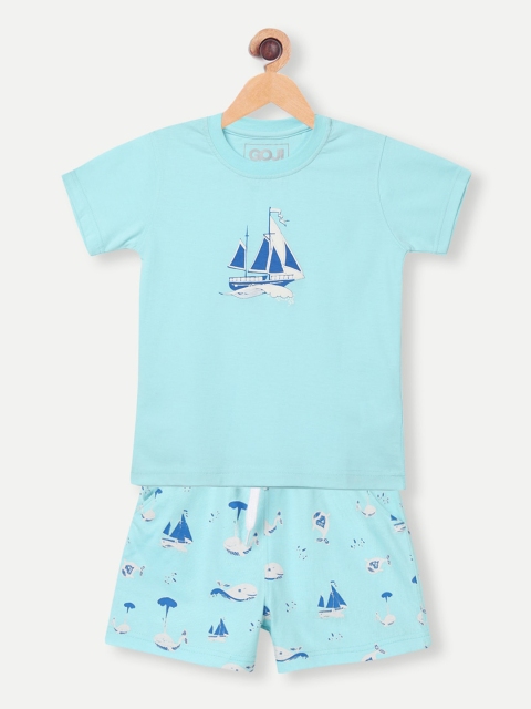 

GOJI Boys Turquoise Blue & White Printed Night Suit