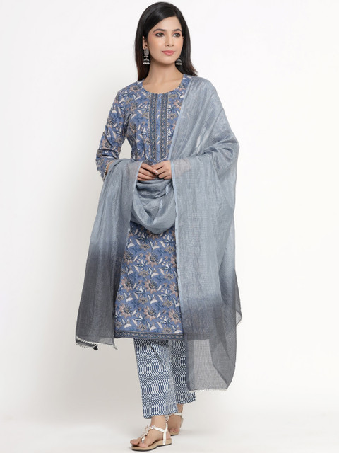

ANAISA Women Blue Floral Embroidered Layered Pure Cotton Kurti with Trousers & With Dupatta