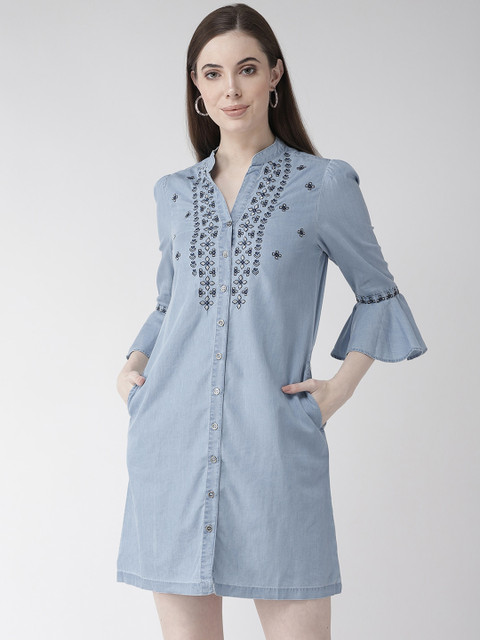

Xpose Blue Floral Embroidered Cotton Shirt Dress