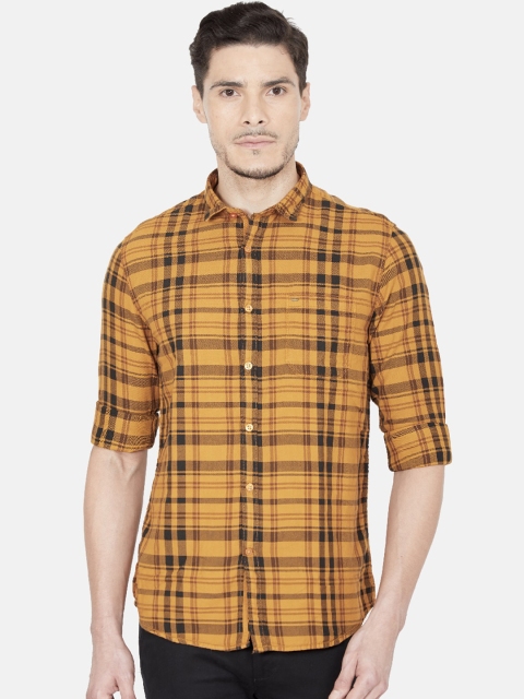 Oxemberg Men Mustard Yellow Slim Fit Tartan Checks Checked Casual Shirt