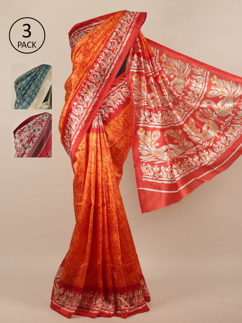 

Pothys Pack of 3 Jute Silk Printed Sarees, Navy blue