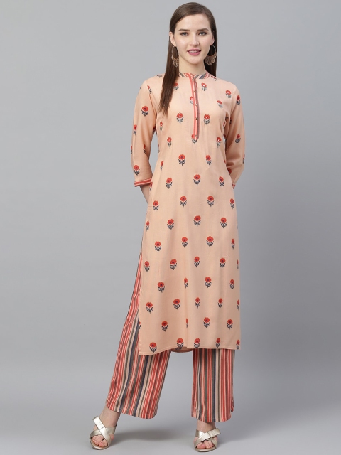 

Ishin Women Peach-Coloured Floral Embroidered Kurta with Palazzos
