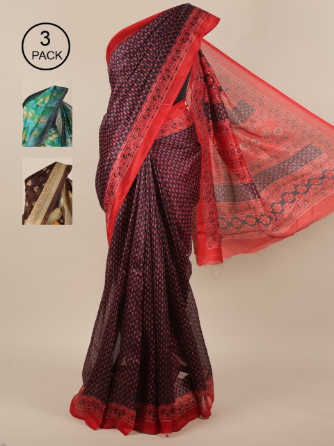

Pothys Pack of 3 Jute Silk Printed Sarees, Navy blue