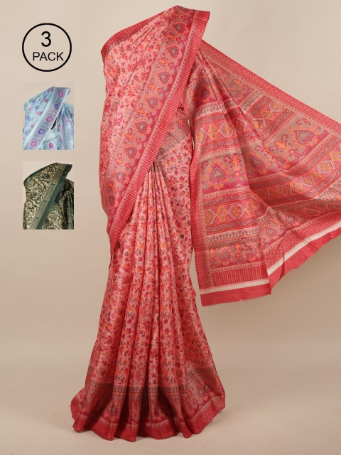 

Pothys Pack Of 3 Pink & Blue Jute Silk Saree
