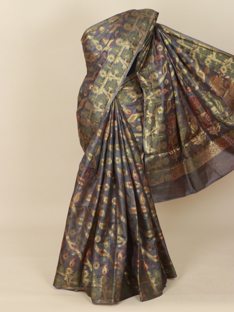 

Pothys Grey & Gold-Toned Woven Design Pure Silk Tussar Saree