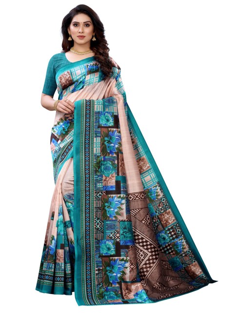 

KALINI Peach-Coloured & Blue Floral Saree