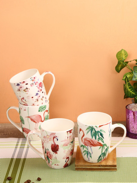 

House Of Accessories White & Green Floral Printed Ceramic Glossy Mugs Set of Cups and Mugs