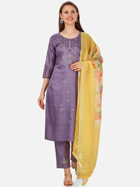 

Kiana Women Purple Ethnic Motifs Embroidered Layered Chanderi Silk Kurta with Trousers & With Dupatta