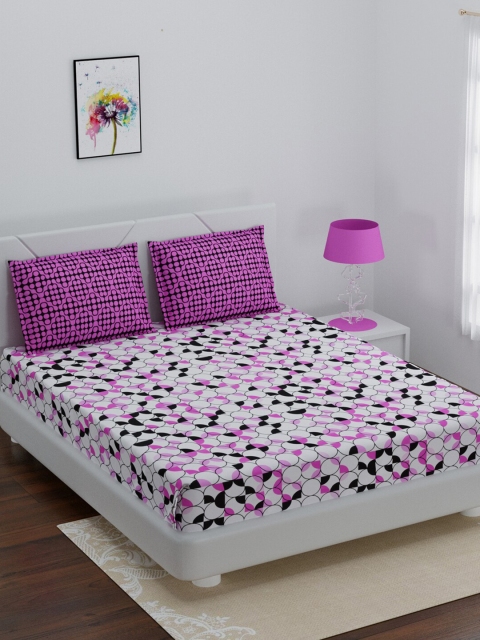 

BOMBAY DYEING Pink & White Geometric 144 TC Queen Bedsheet with 2 Pillow Covers