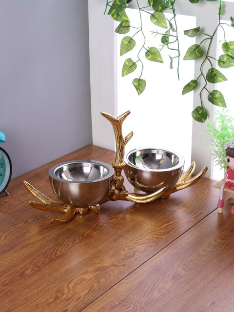 

Aapno Rajasthan Set Of 2 Silver-Toned & Gold-Toned Stainless Steel Bowls With Brass Handle