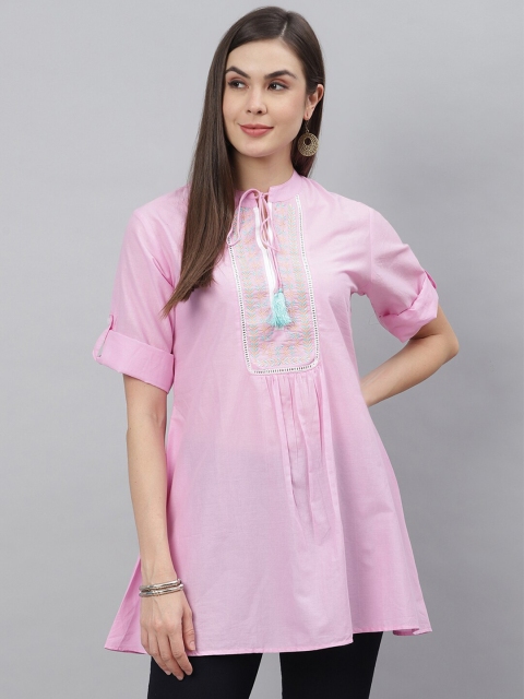 

Shakumbhari Pink Mandarin Collar Embroidered Tunic