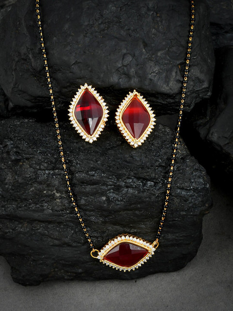 

Silvermerc Designs Gold-Plated Black & Red Stone-Studded Beaded Mangalsutra With Earrings
