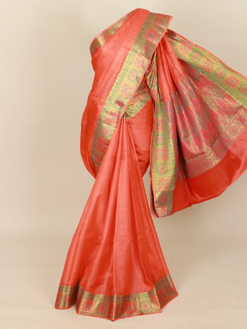 

Pothys Peach-Coloured & Green Pure Silk Tussar Saree