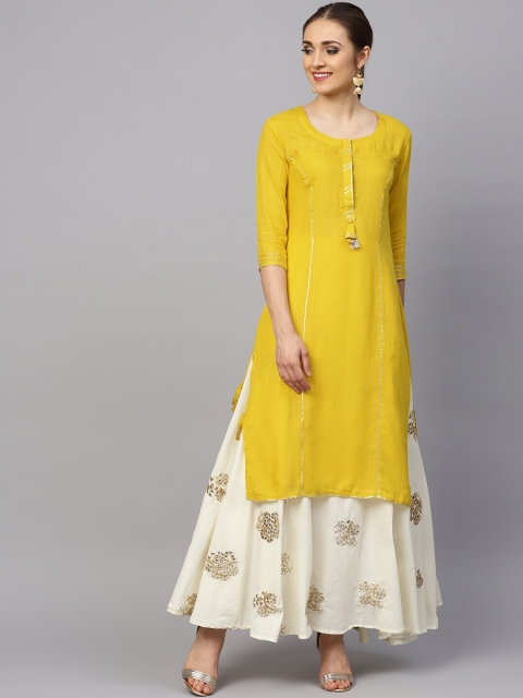 

Ishin Women Yellow & Cream-Coloured Ethnic Motifs Mirror Work Kurta with Skirt