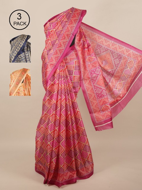 

Pothys Pack of 3 Printed Jute Silk Sarees, Pink