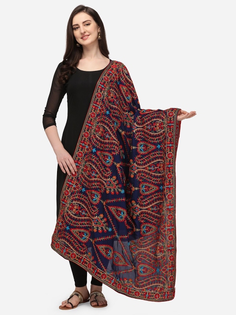 

VASTRANAND Navy Blue & Red Ethnic Motifs Embroidered Dupatta