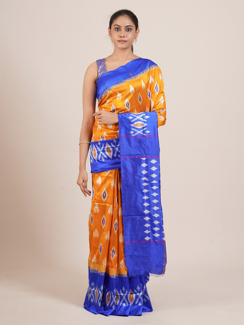 

Pothys Mustard & Blue Ethnic Motifs Pure Silk Kanjeevaram Saree