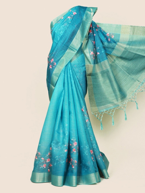 

Pothys Blue & Pink Floral Zari Linen Blend Saree