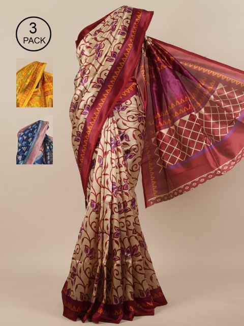 

Pothys Cream-Coloured & Yellow Pack of 3 Ethnic Motifs Jute Silk Saree