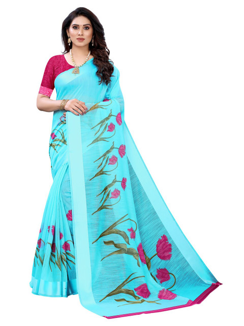 

KALINI Turquoise Blue & Green Floral Poly Cotton Saree