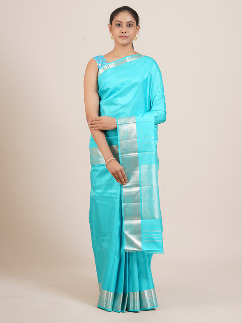 

Pothys Blue & Silver-Toned Pure Silk Kanjeevaram Saree