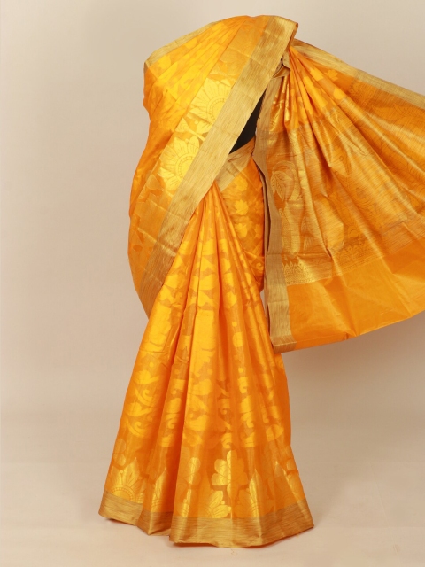 

Pothys Mustard & Gold-Toned Floral Zari Pure Silk Tussar Saree