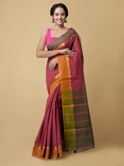 

Unnati Silks Maroon & Mustard Checked Pure Cotton Mangalagiri Saree
