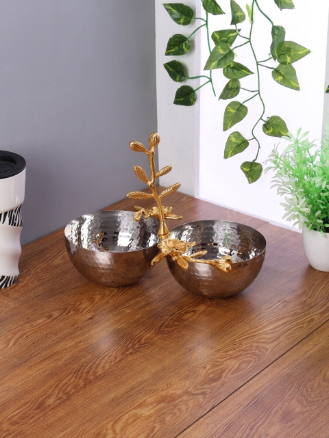 

Aapno Rajasthan Set Of 2 Silver-Toned Stainless Steel Bowls With Godlen Vine Handle