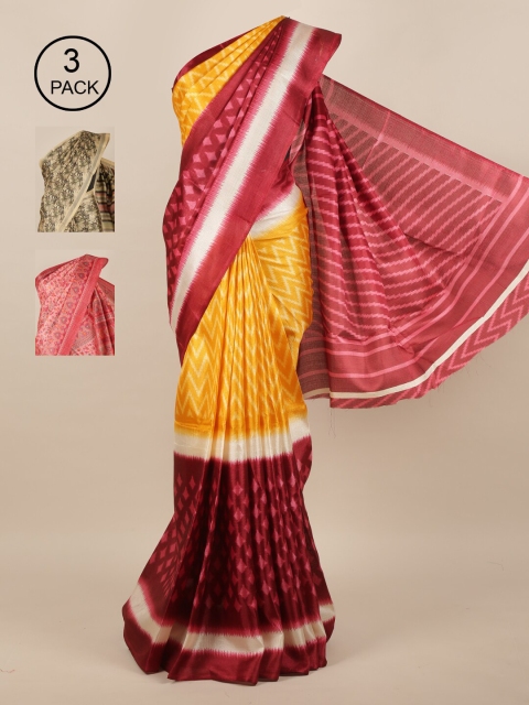 

Pack of 3 Printed Jute Silk Sarees, Mustard