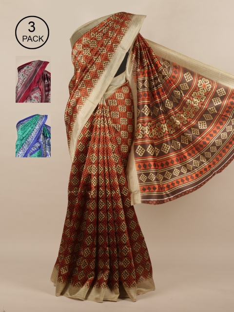 

Pothys Pack of 3 Jute Silk Printed Sarees, Brown