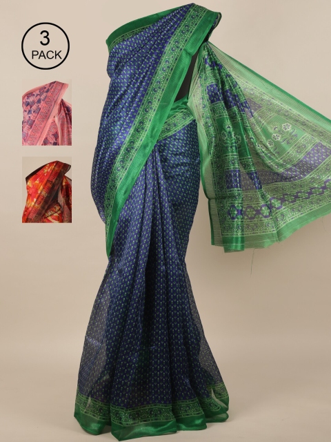 

Pothys Pack of 3 Jute Silk Printed Sarees, Blue