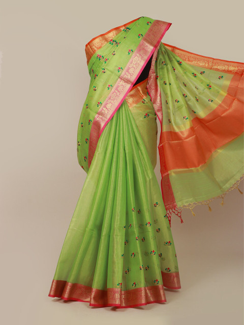 

Pothys Green & Pink Floral Zari Art Silk Banarasi Saree