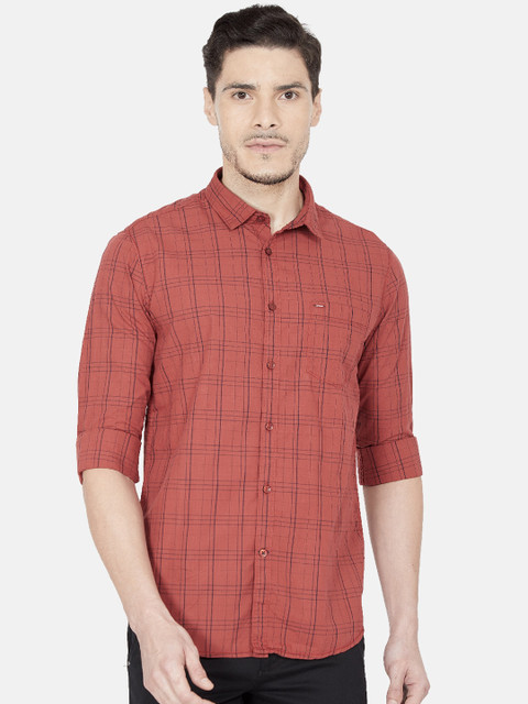 

Oxemberg Men Rust Slim Fit Tartan Checks Cotton Casual Shirt