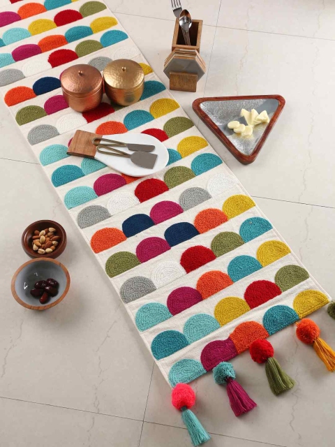 

Amoliconcepts White & Red Fish Scale Design Embroidered Pure Cotton Table Runner