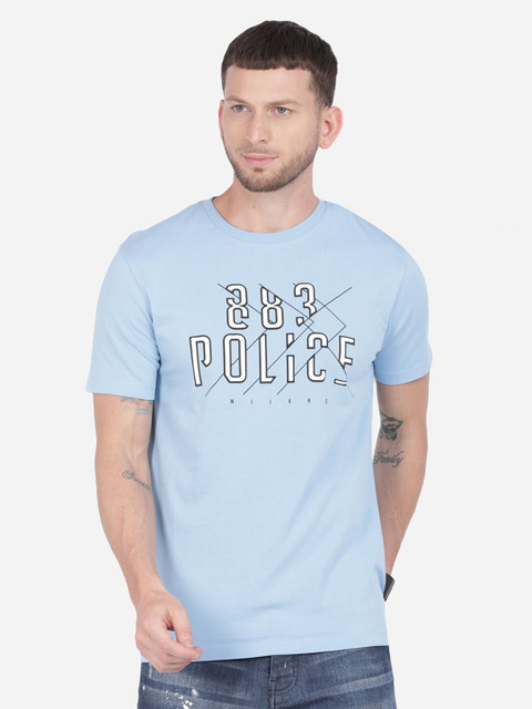 

883 Police Men Blue & White Typography Printed Applique T-shirt