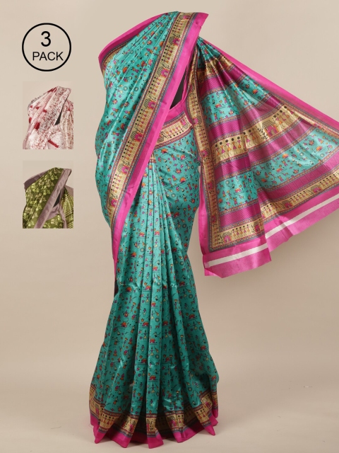 

Pothys Pack of 3 Floral Jute Silk Saree, Green