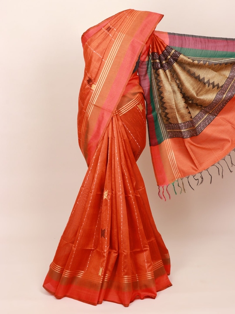 

Pothys Rust & White Striped Zari Jute Silk Saree