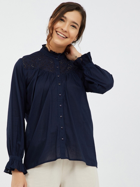 

Femella Women Navy Blue Schiffli Casual Cotton Shirt